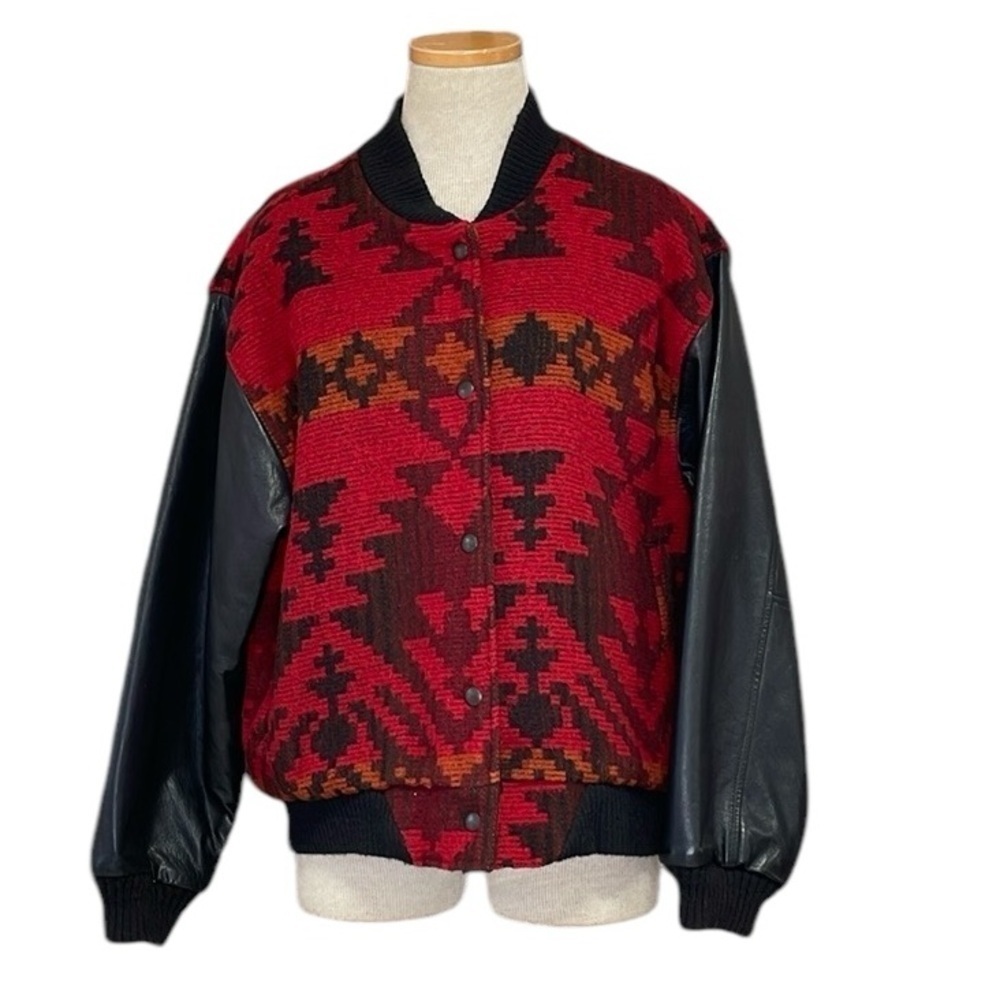 Woolrich Vintage Jacket Red Wool Southwest Print Faux Leather Bomber Medium